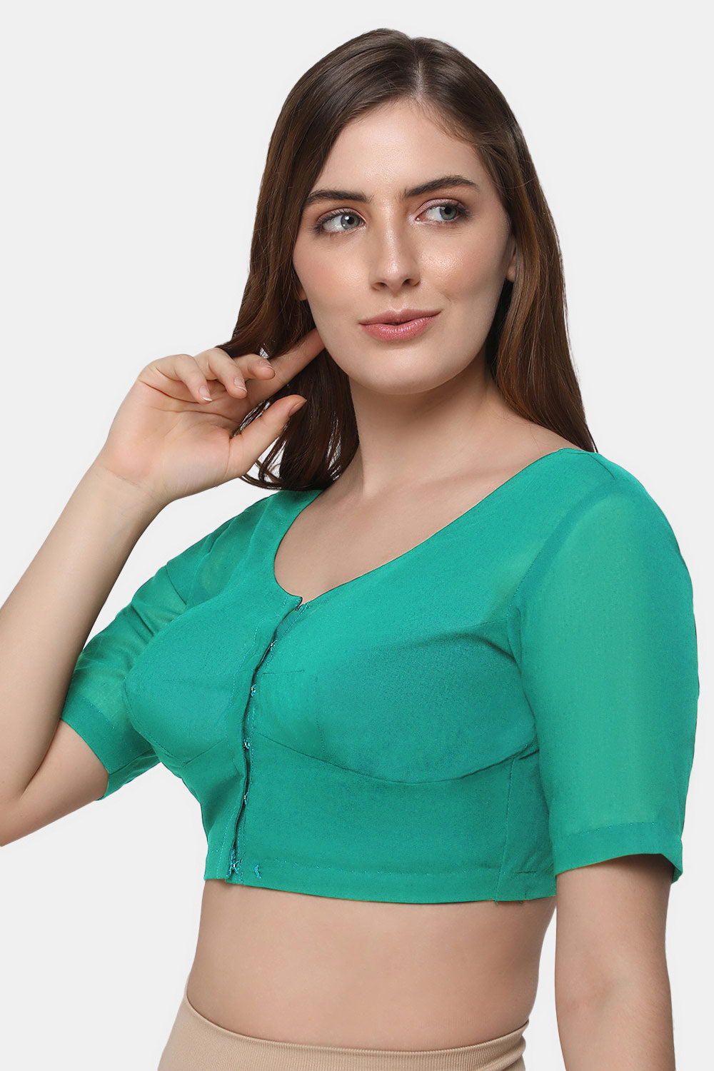 Naidu Hall Women's 2x2 Cotton Saree Blouse | Readymade Round Neck Elbow Sleeve Woven Cotton Blouse | Plain Traditional Blouse for Cotton, Handloom, Linen & Silk Cotton Sarees - RNRE