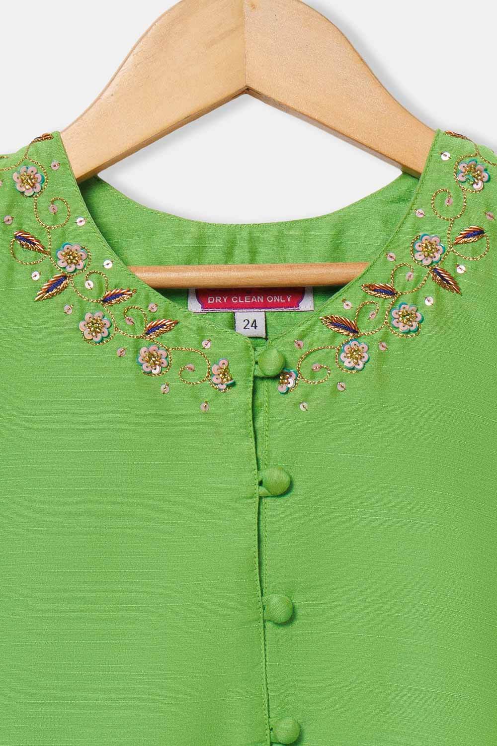 Chittythalli Girls’ Pavadai Set – V-Neck Embroidered Top with Puff Sleeves & Box-Pleated Brocade Skirt - Green - PS38 - Naidu Hall Family Store