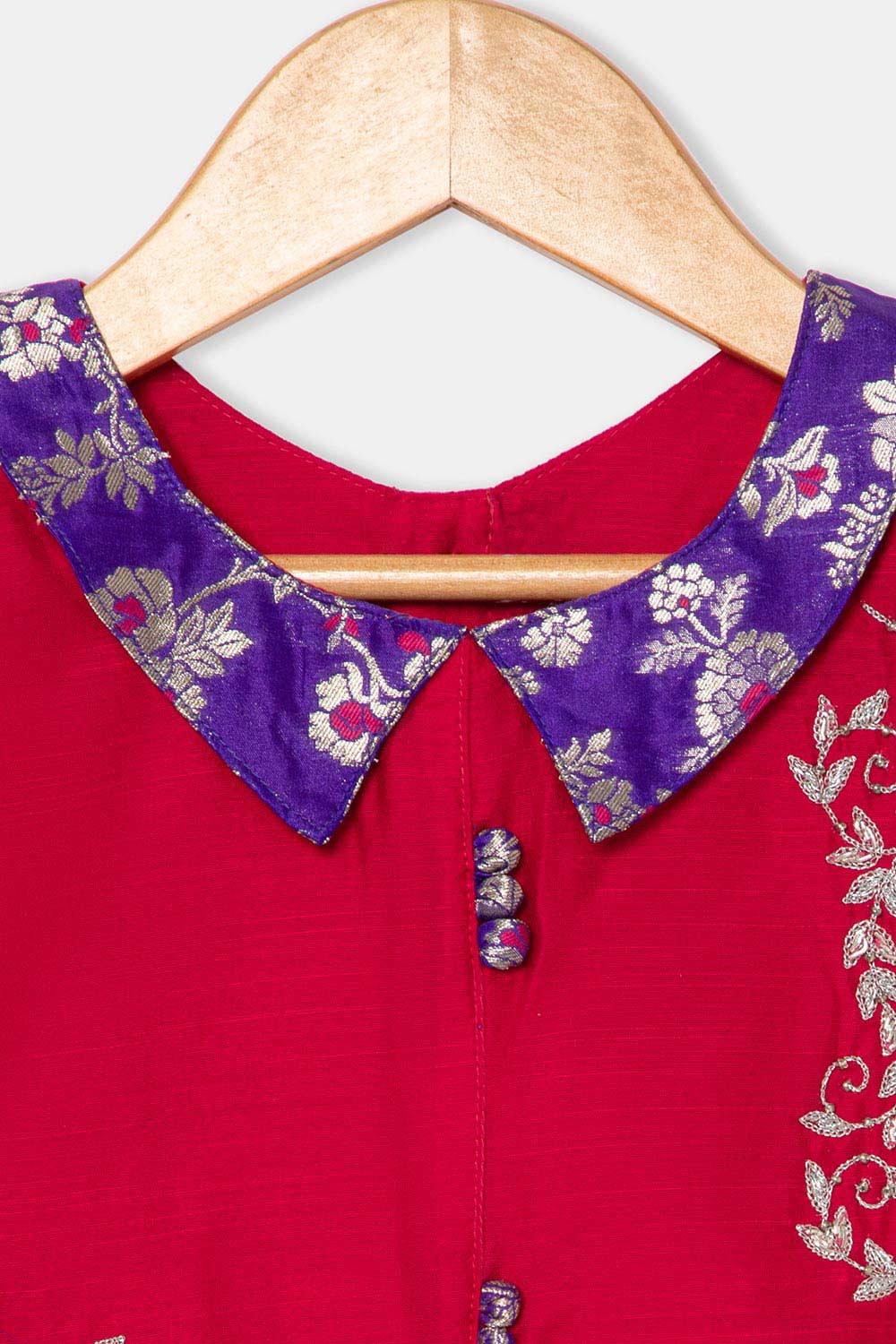 Chittythalli Girls Pavadai Set – Cotton Blouse with Brocade Collar & Zari Embroidery, Box Pleated Skirt - Pink - PS80