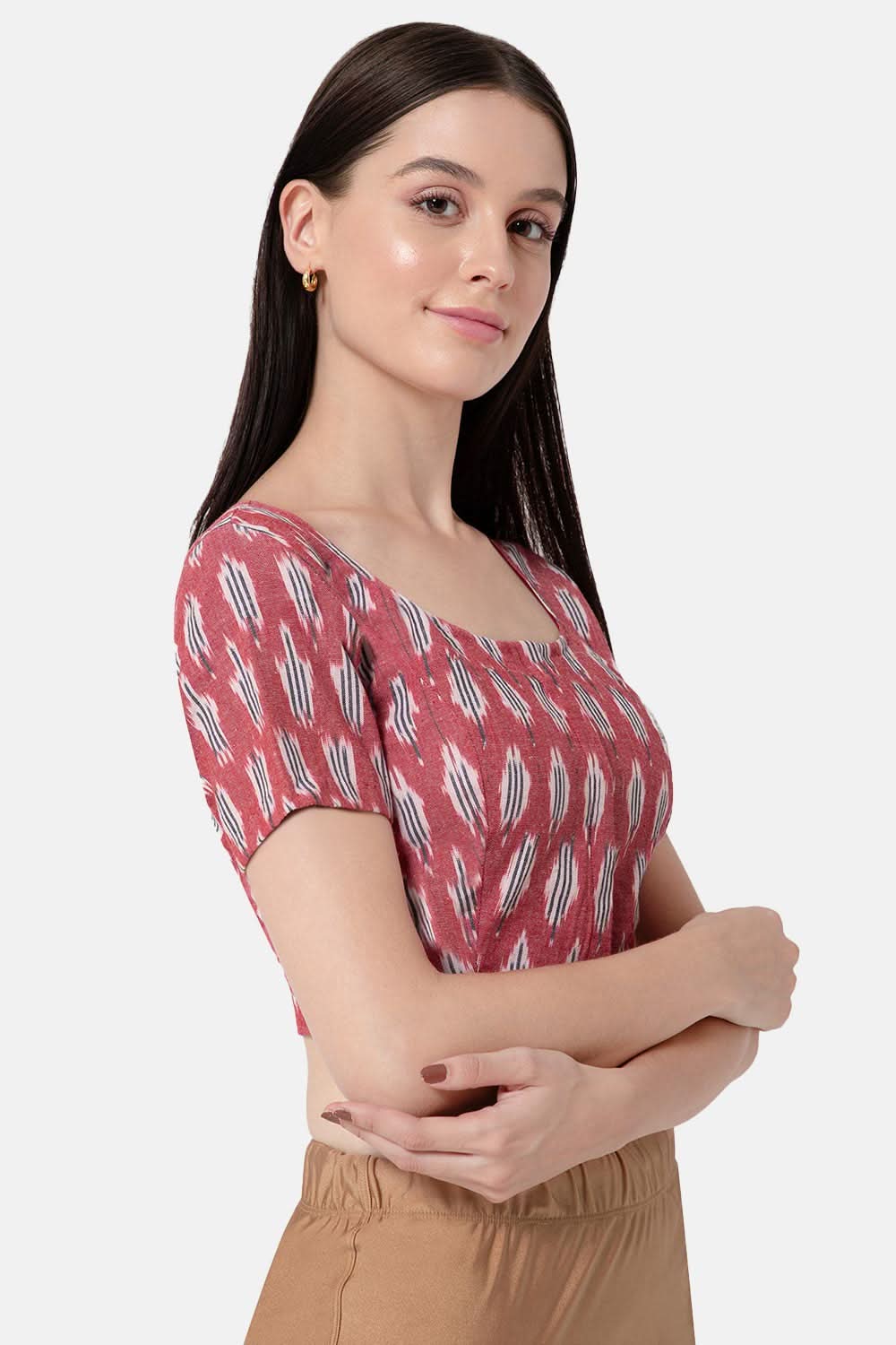 Naiduhall Princess Cut Round Neck Short Sleeve Ikat Blouse - Light maroon - BU10