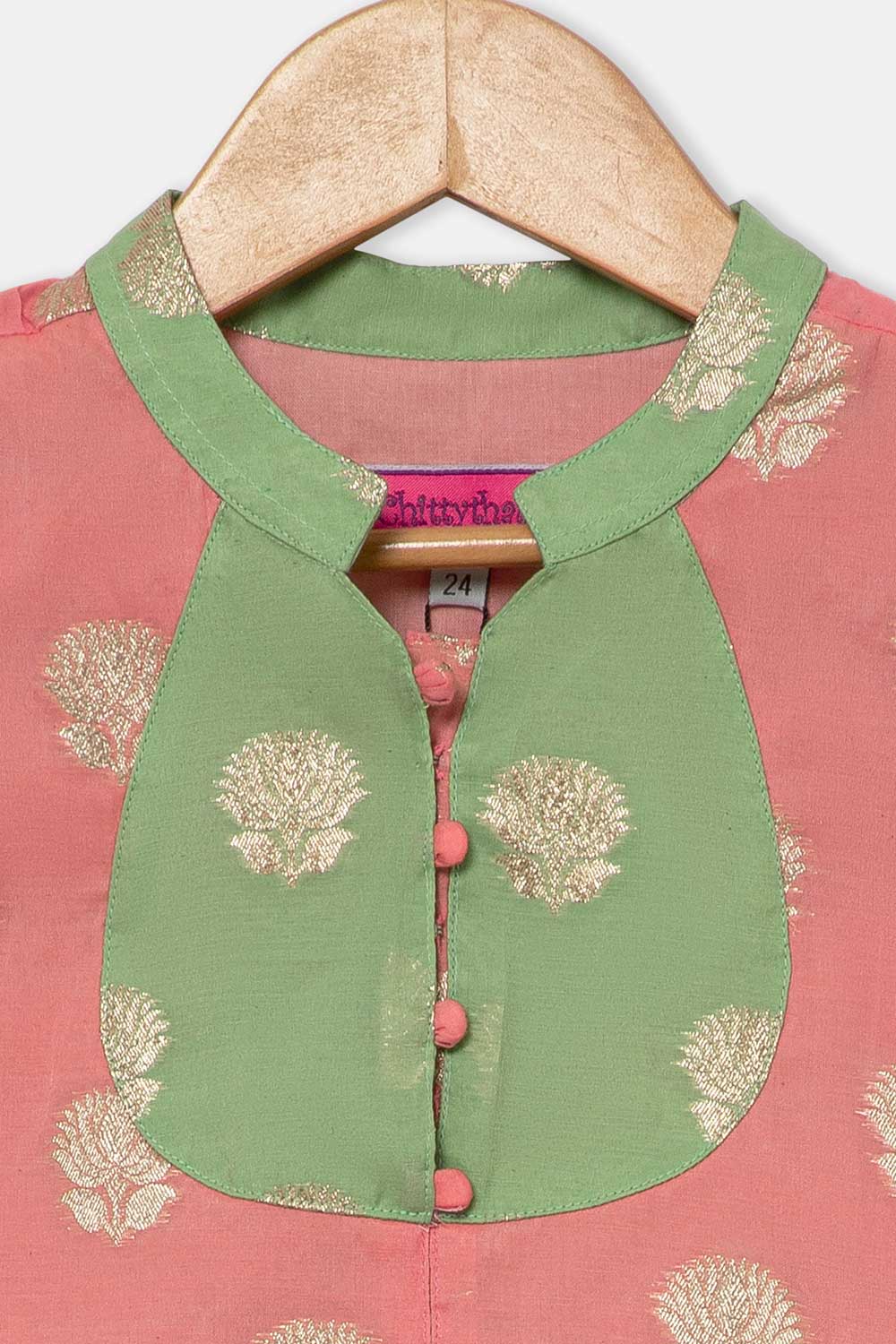 Chittythalli Girls Traditional Pavadai Set with Mandarin Collar Top and Double Layered Flared Skirt - Peach - PS70