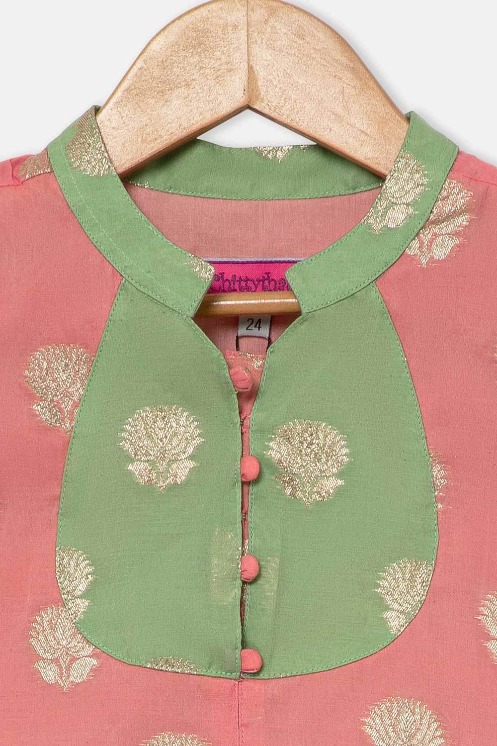 Chittythalli Girls Traditional Pavadai Set with Mandarin Collar Top and Double Layered Flared Skirt - Peach - PS70 - Naidu Hall Family Store