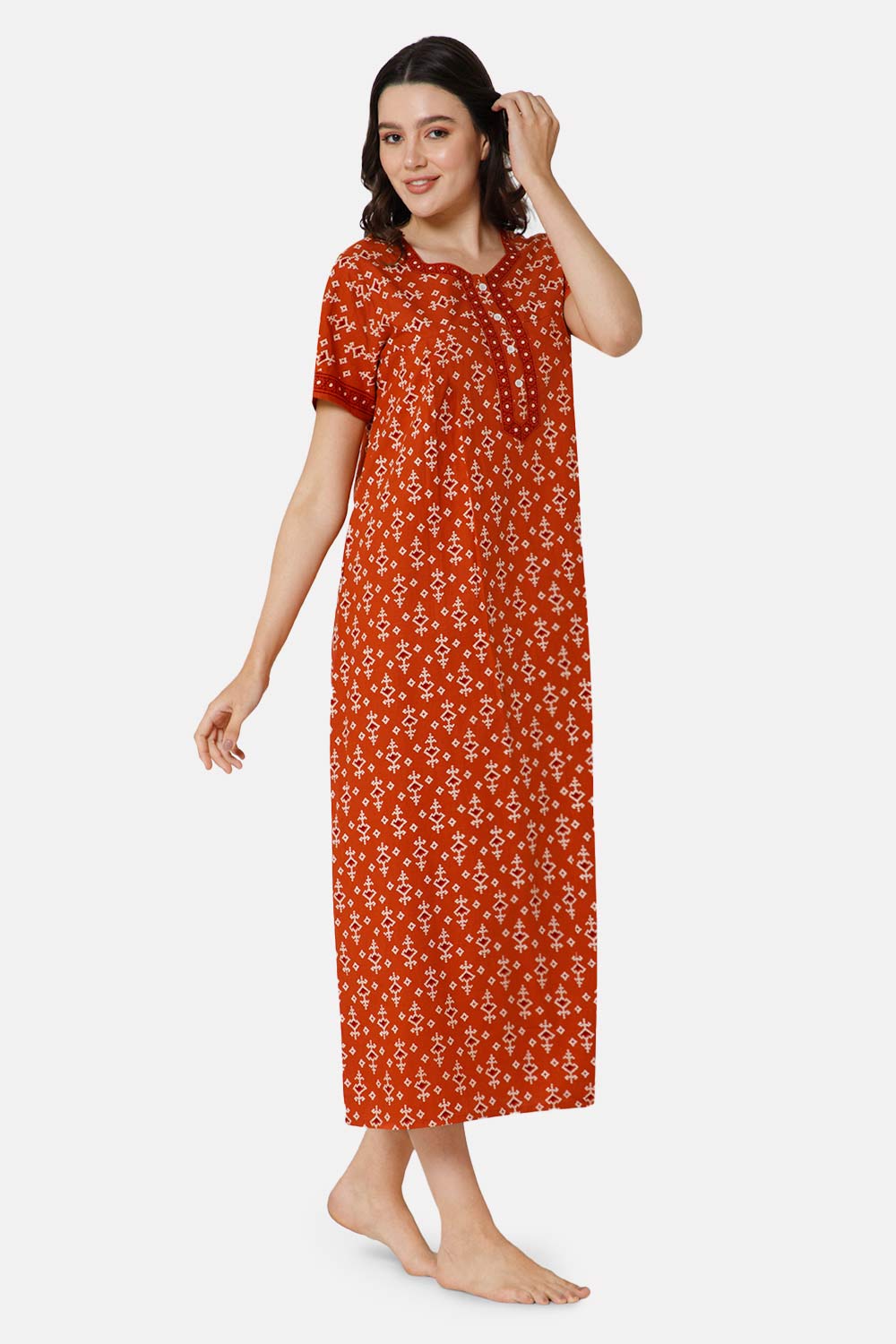 Naidu Hall A-line Front Open Women's Nighty Full Length Half Sleeve  - Orange - R135