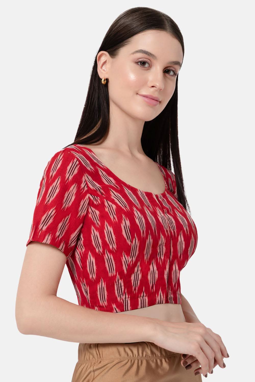 Naiduhall Princess Cut Round Neck Short Sleeve Ikat Blouse - Dark red - BU10