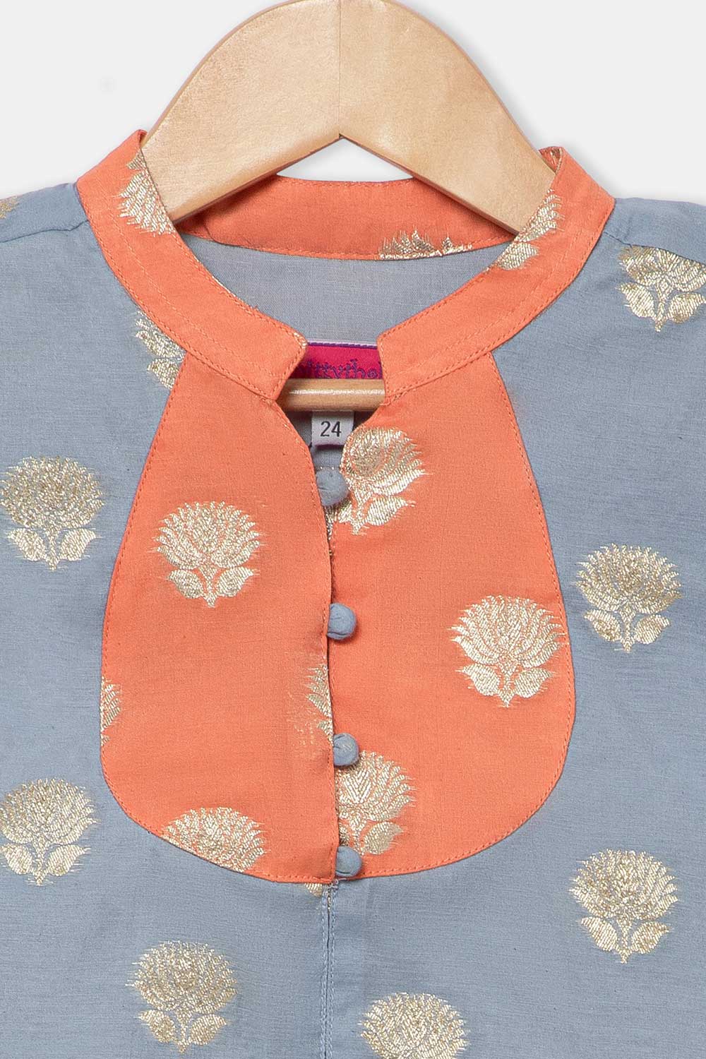 Chittythalli Girls Traditional Pavadai Set with Mandarin Collar Top and Double Layered Flared Skirt - Grey - PS70