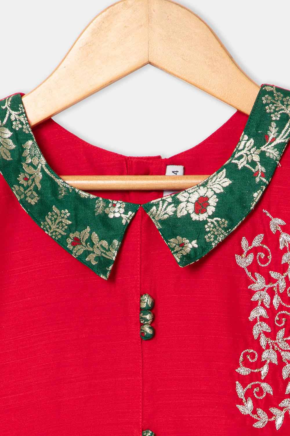 Chittythalli Girls Pavadai Set – Cotton Blouse with Brocade Collar & Zari Embroidery, Box Pleated Skirt - Red - PS80