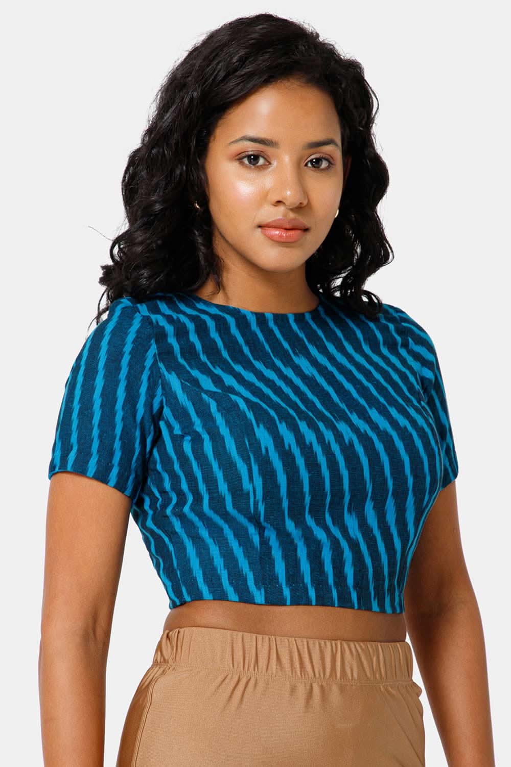 Naiduhall Princess Cut High Neck Short Sleeve Ikat Blouse - Blue - BU09