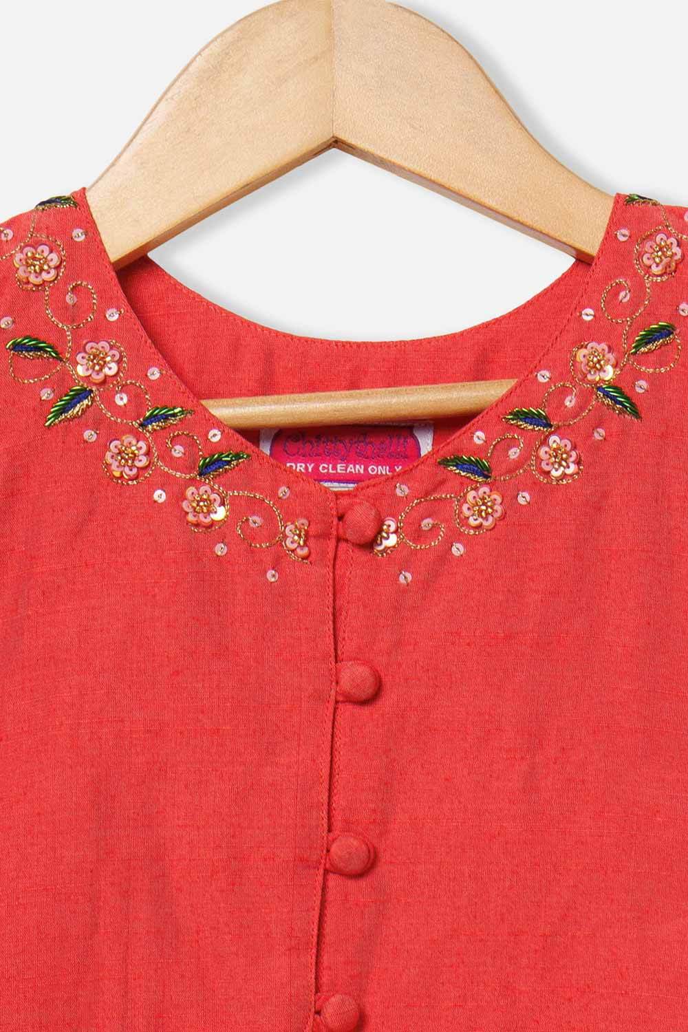 Chittythalli Girls’ Pavadai Set – V-Neck Embroidered Top with Puff Sleeves & Box-Pleated Brocade Skirt - Red - PS38 - Naidu Hall Family Store