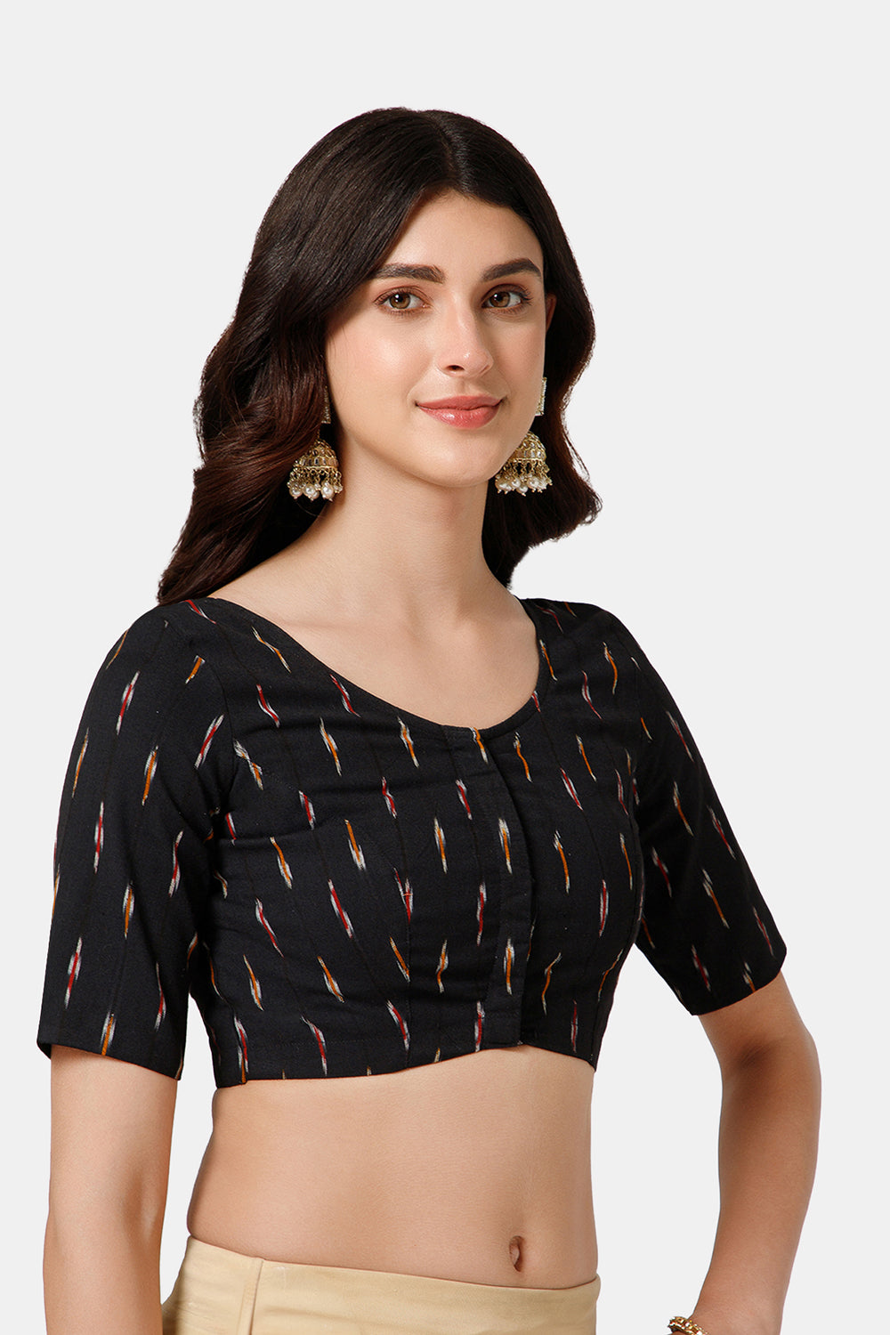 Naidu Hall Women’s Princess Cut Printed Readymade Saree Blouse U-Neck Front Open with Elbow Sleeves & Princess Cut | Elegant Everyday & Ethnic Wear - BU17