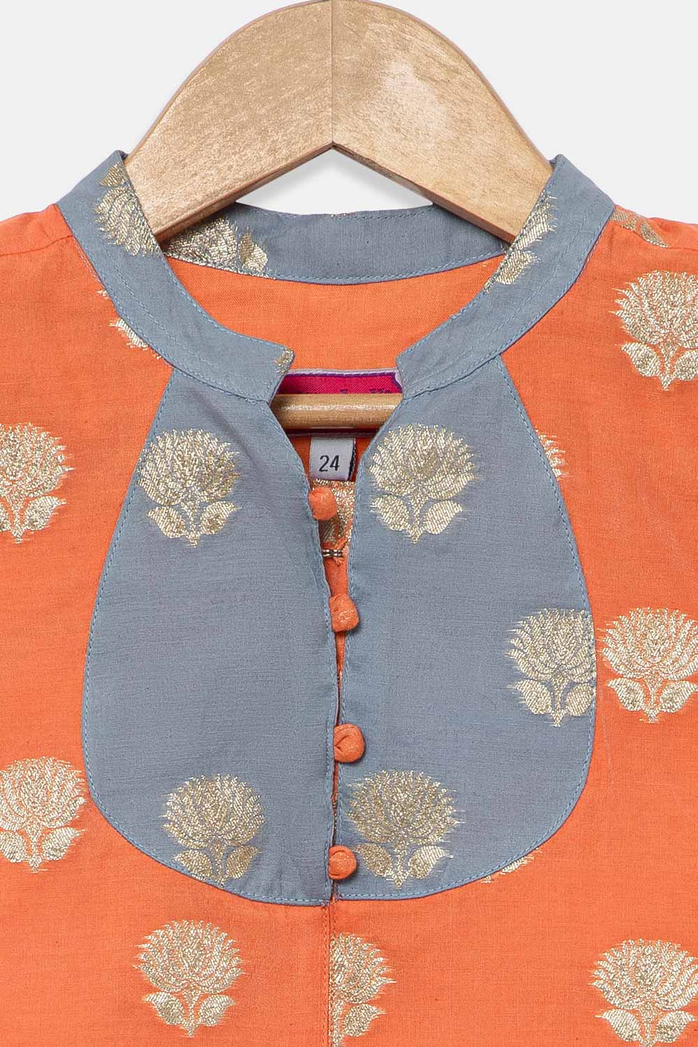Chittythalli Girls Traditional Pavadai Set with Mandarin Collar Top and Double Layered Flared Skirt - Orange - PS70