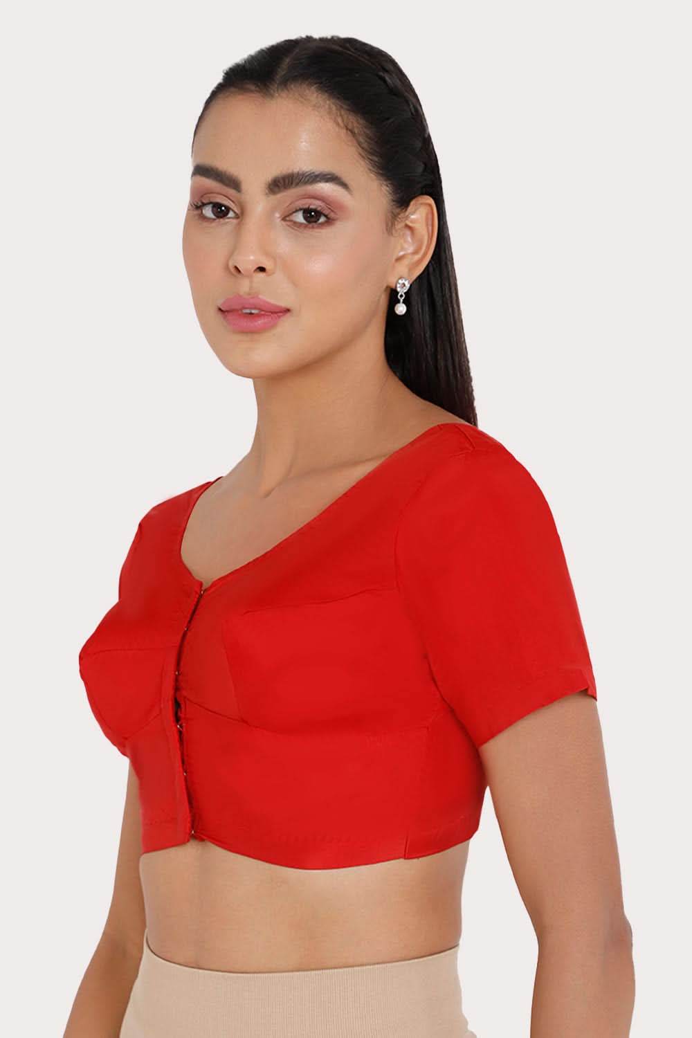 Naidu Hall Round neck Silk Cotton short sleeve blouse - Red - Naidu Hall Family Store
