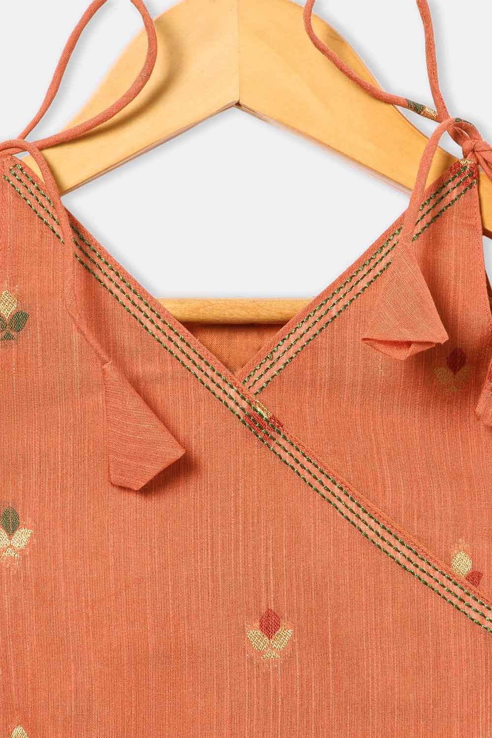 Chittythalli Girls’ Ethnic Frock – Angarkha Cut Top with Chain Stitch Embroidery & Knife Pleated Skirt - Orange - FR39 - Naidu Hall Family Store