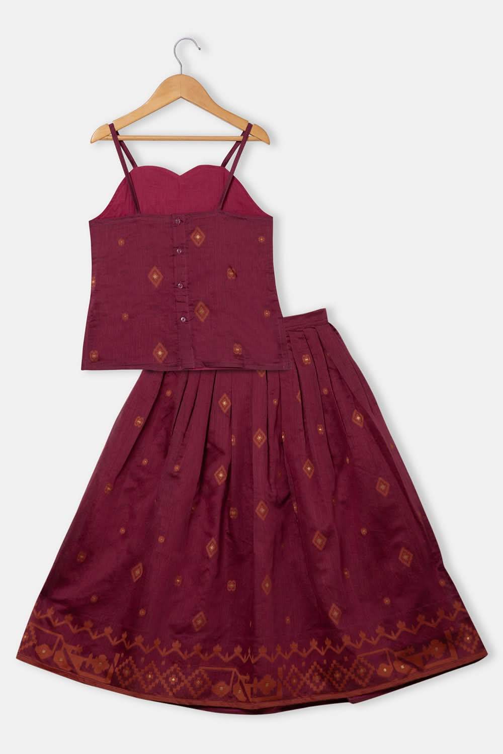 Chittythalli Girls 3-Piece Pavadai Set Spaghetti Strap Inner Box Pleat Skirt Embroidered Overcoat - Brown - PS74 - Naidu Hall Family Store