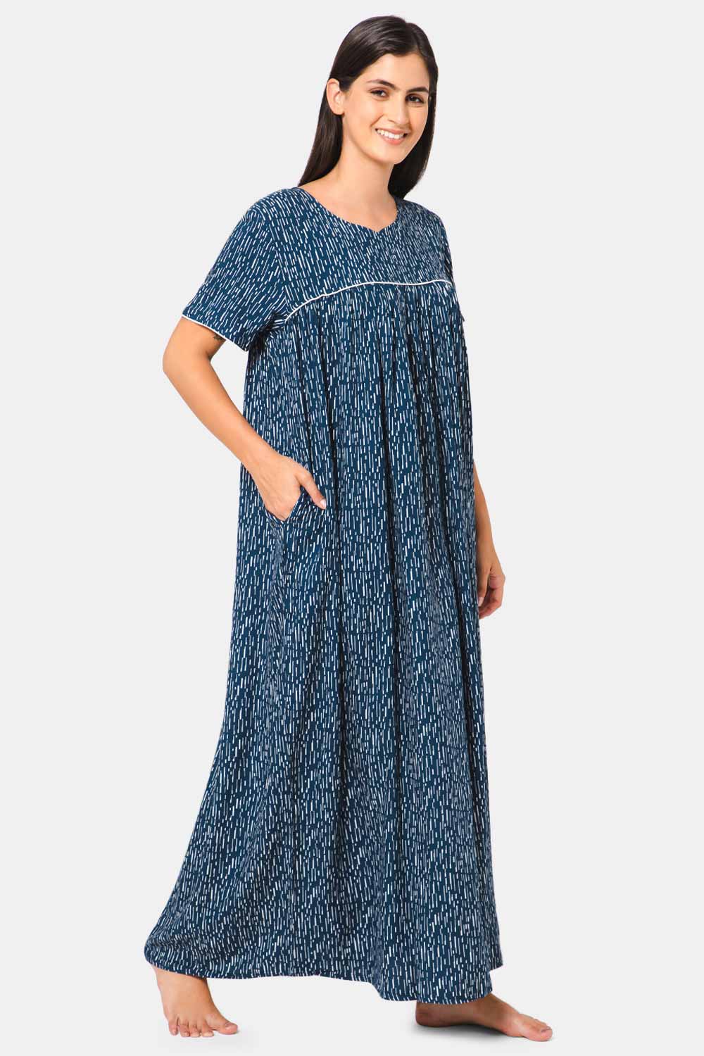 Naidu Hall Round Neck Short Sleeve Printed Nighty - NT16 - Blue