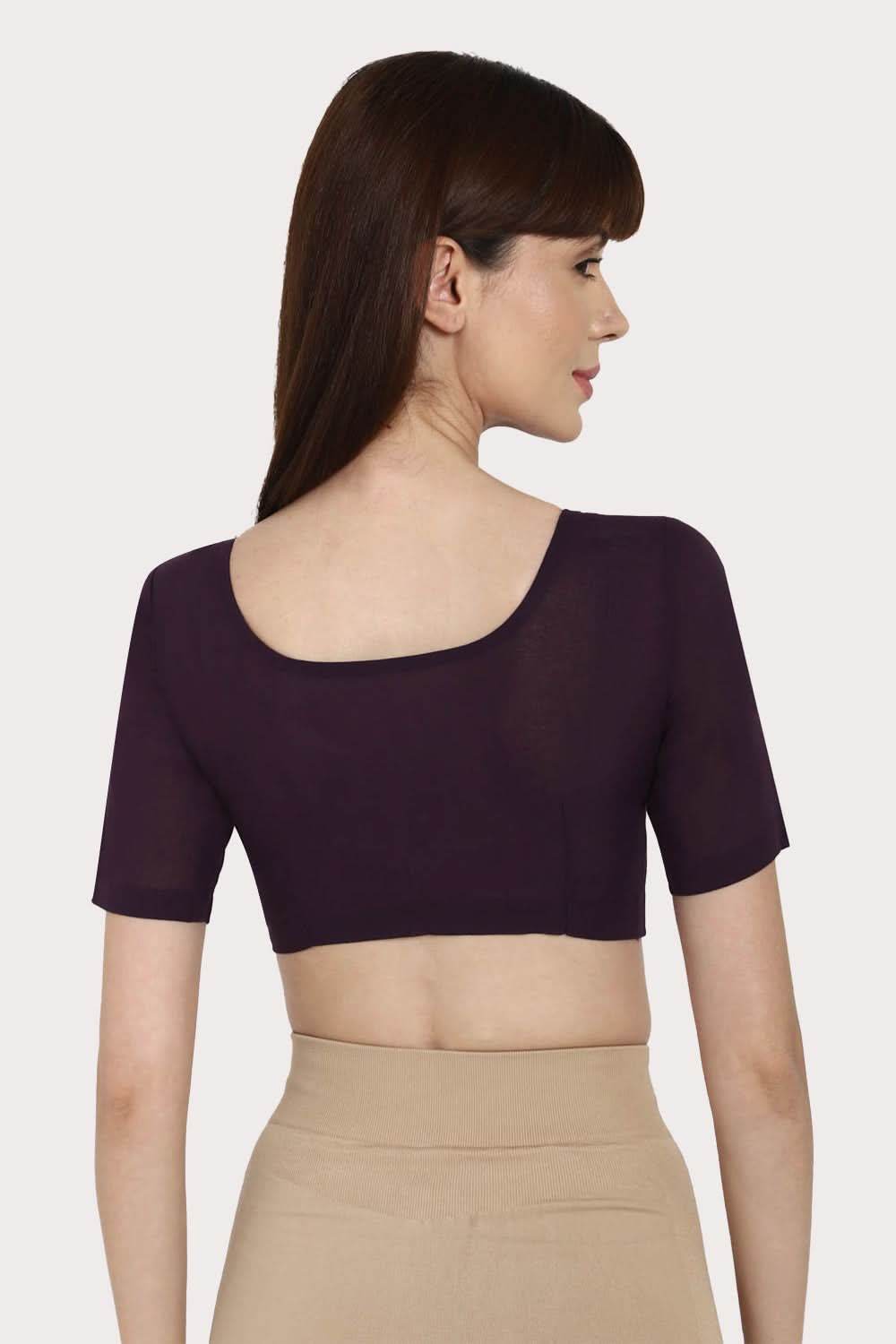 Naidu Hall Full Coverage Non-Wired Non-Padded Round Neck Long Sleeve Cotton Blouse - Dark Wine - Naidu Hall Family Store