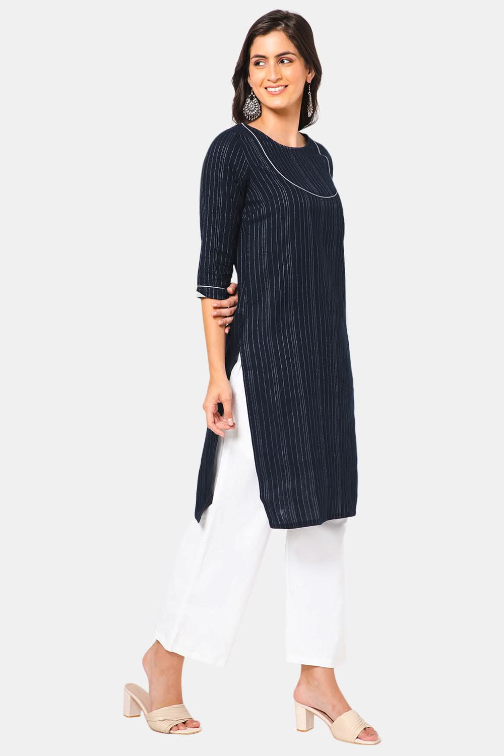 Mythri Women Knee Length Straight Kurtha - Navy Blue - KU38