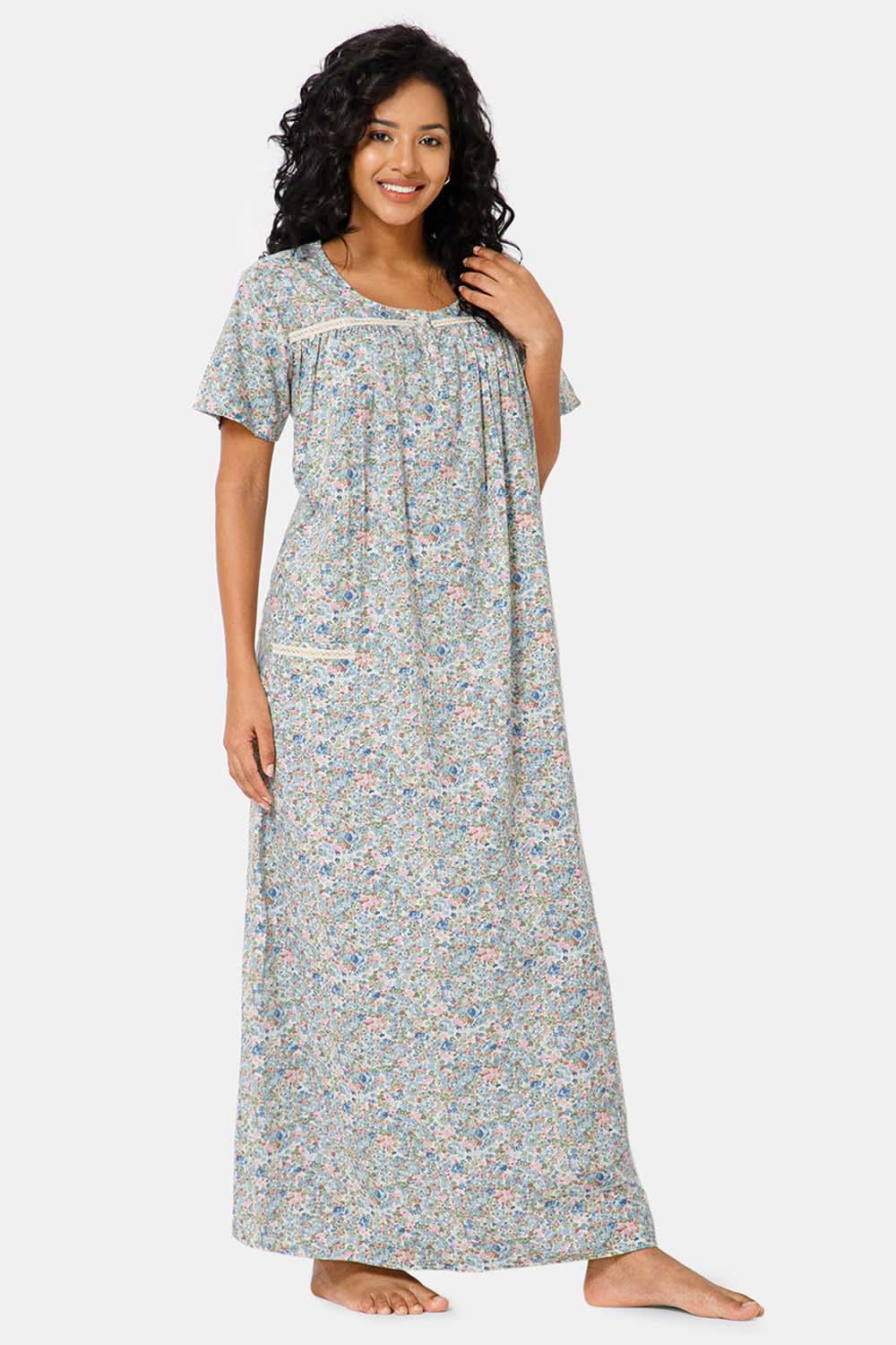 Naidu Hall Front Open Round Neck Short Sleeve Printed Nighty-Sky Blue - NT11