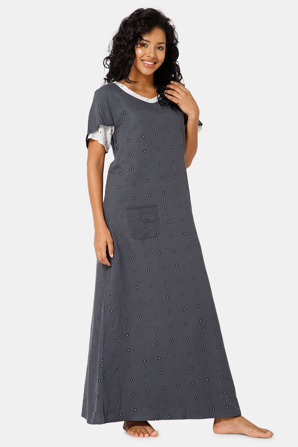 Naidu Hall V Neck Ruffle Sleeve Printed Nighty-Grey - NT45