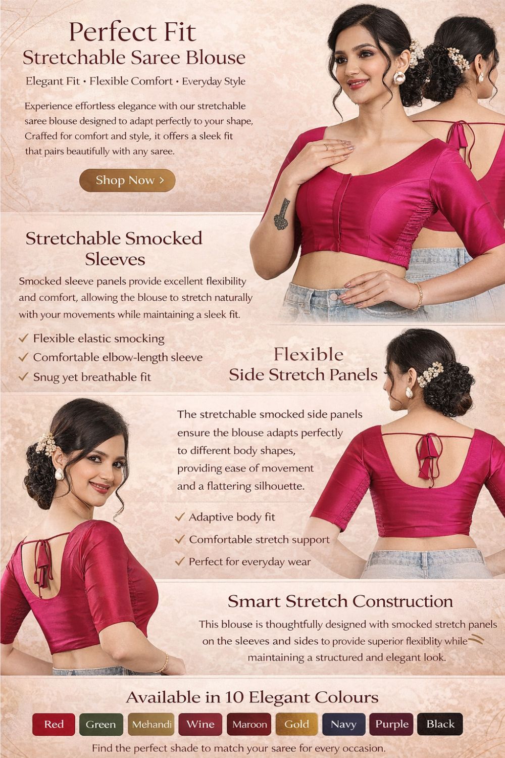 Women’s Stretchable Art Silk Ready Made Saree Blouse – Round Neck Elbow Sleeve Stretch Fit Blouse for Women | Solid Readymade Blouse for Saree - 9002