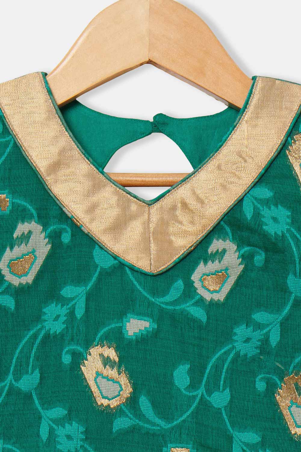 Chittythalli Girls’ Ethnic Pavadai Set – Sleeveless V-Neck Top with Flared Kali Skirt & Tassel Detailing - Teal Green - PS60