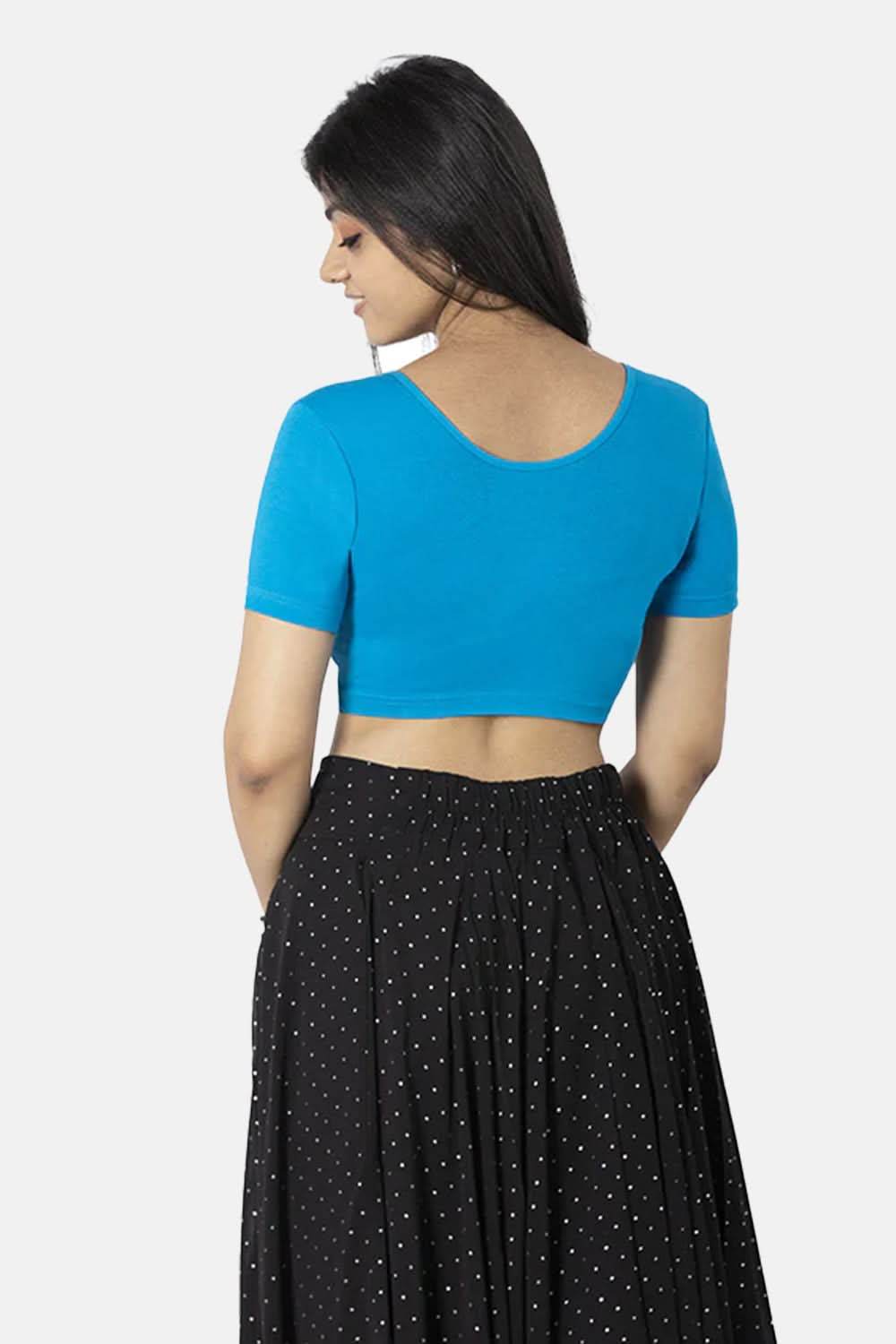 Full Coverage Non-Wired Non-Padded Knitted Blouse With Round Neck Princess Cut Short Sleeve - Blue - Naidu Hall Family Store