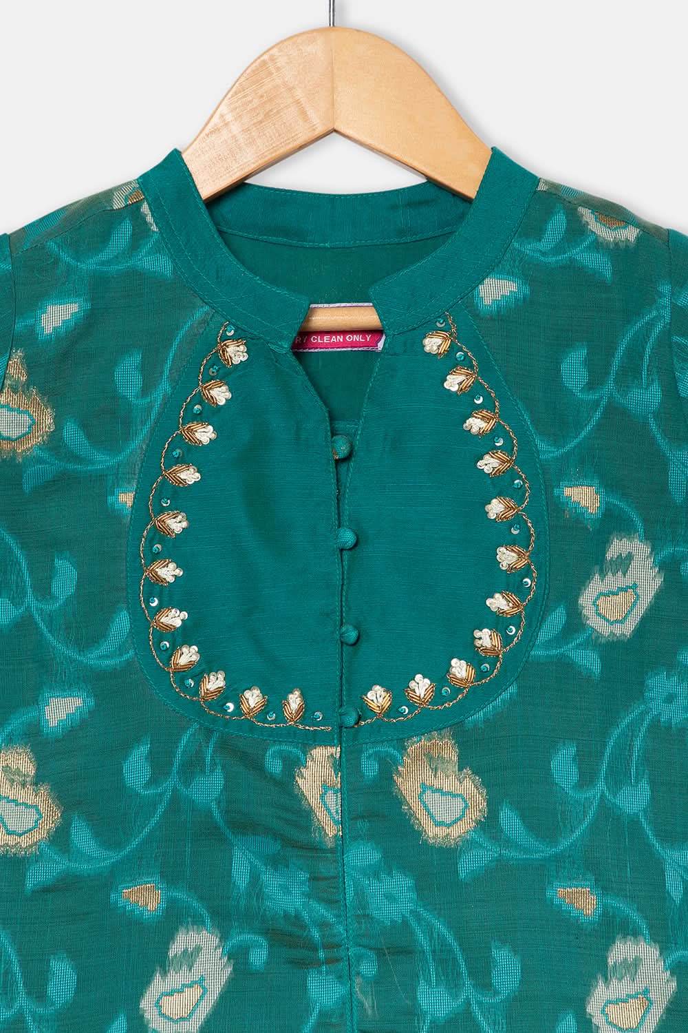 Chittythalli Girl's Ethnic Pavadai Set Round Neck Top with Shoulder Tie-Ups Sequin Embroidery & Kali Skirt - Teal Green - PS70 - Naidu Hall Family Store