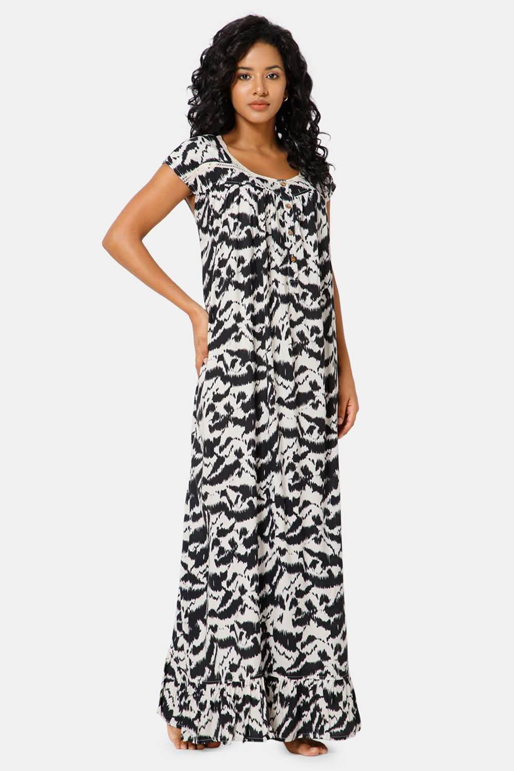 Naidu Hall Front Open Round Neck Mega Sleeve Printed Nighty-Black print-2 - NT39 - Naidu Hall Family Store