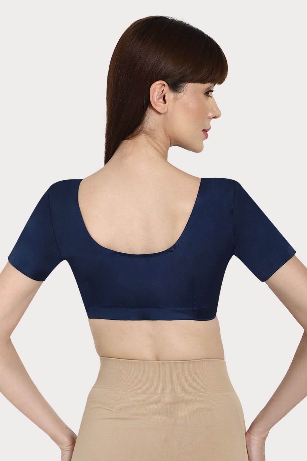Naidu Hall Round neck Silk Cotton short sleeve blouse - Navy blue - Naidu Hall Family Store
