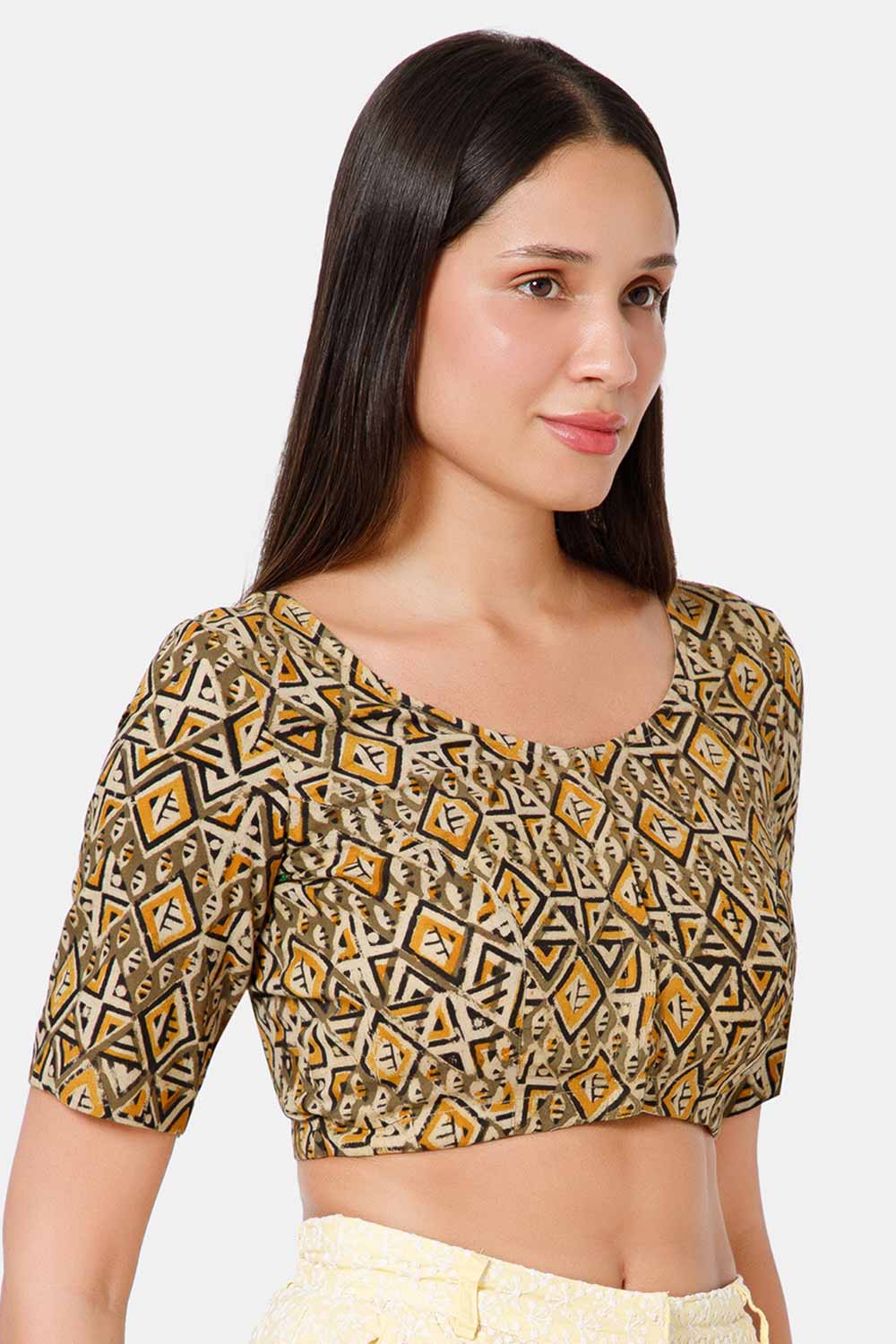Naidu Hall Women’s Blouse Cotton Kalamkari Padded Front Open U Neck Princess Cut Elbow Sleeve Saree Blouse - Green - BU17