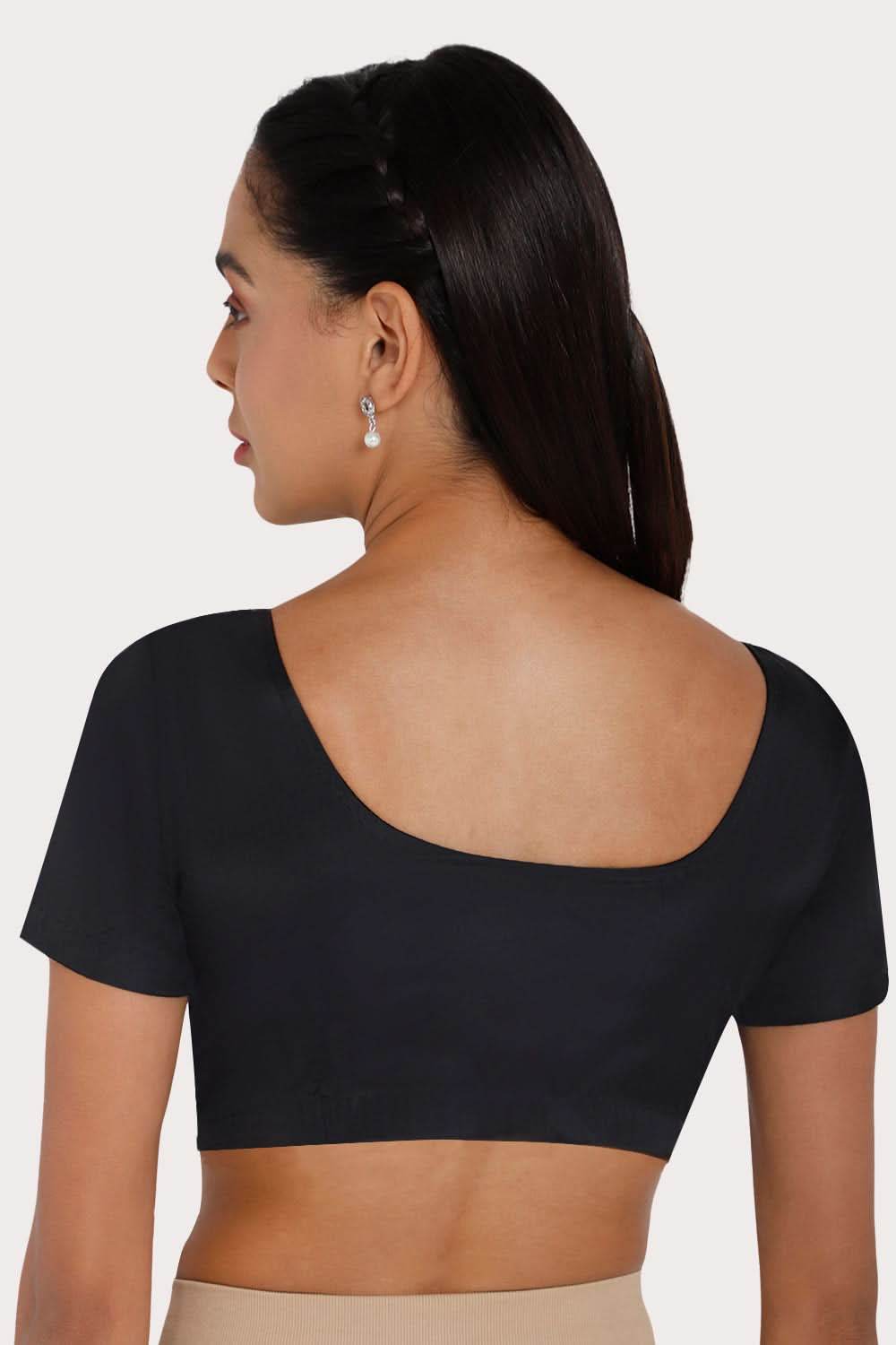 Naidu Hall Round neck Silk Cotton short sleeve blouse - Black - Naidu Hall Family Store