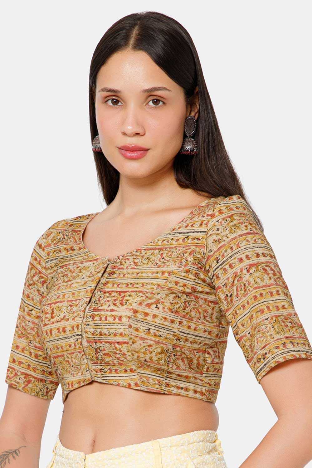 Naidu Hall Women’s Blouse Cotton Kalamkari Padded Front Open U Neck Princess Cut Elbow Sleeve Saree Blouse - Yellow - BU17
