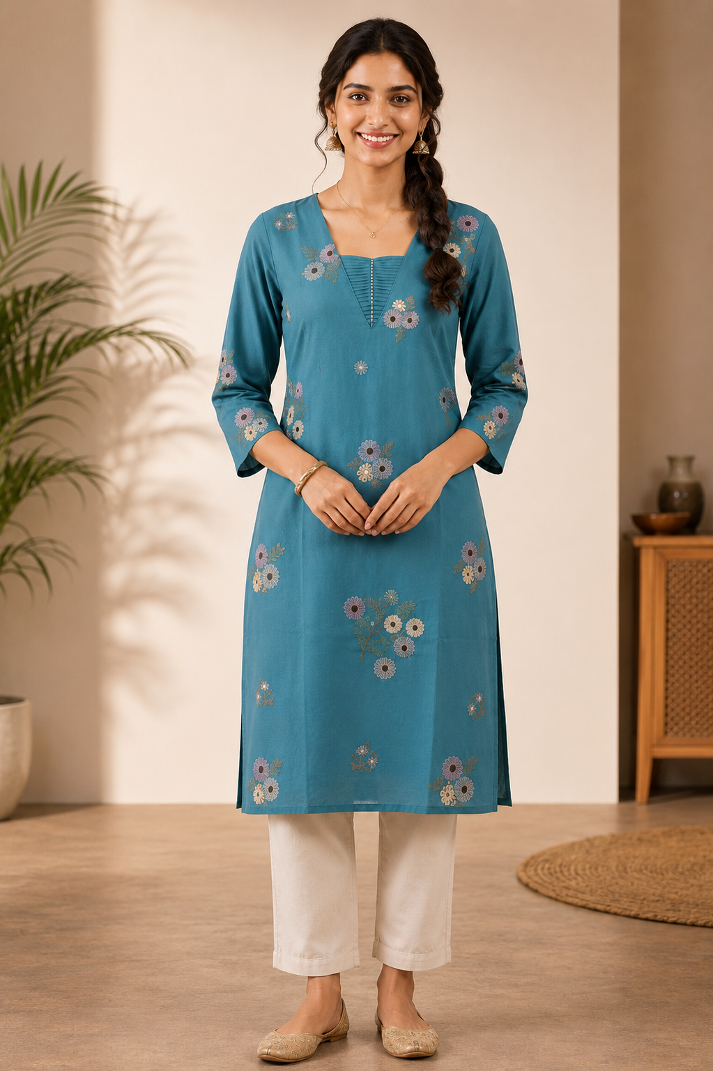 Women's Cotton Flax Embroidered Kurti | V-Neck Pintuck Kurti for Women | Regular Fit Everyday Ethnic Wear with All Over Embroidery - 1396