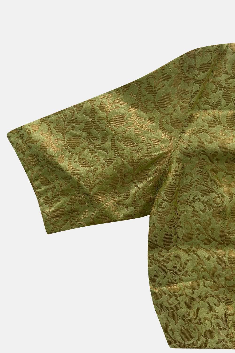 Naidu Hall V Neck Princess Cut Elbow Sleeve Back Open Brocade1 Saree Blouse - Olive - BU12 - Naidu Hall Family Store