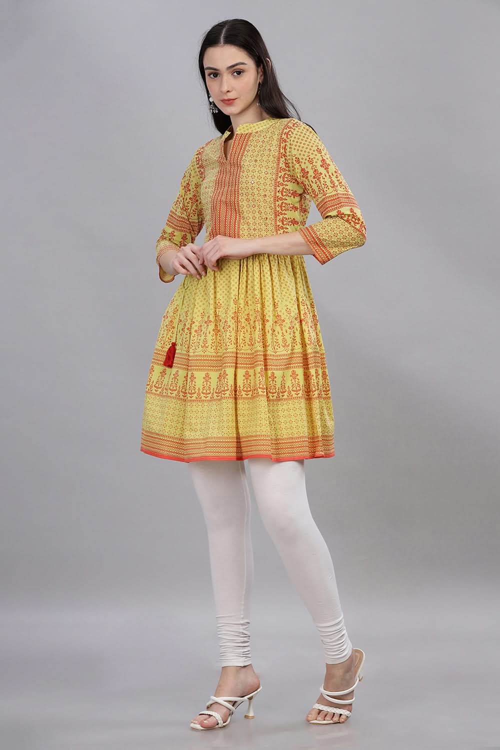 Mythri Office Wear Women's Short Kurta V Neck with 3/4th Sleeves - Yellow - TO06 - Naidu Hall Family Store