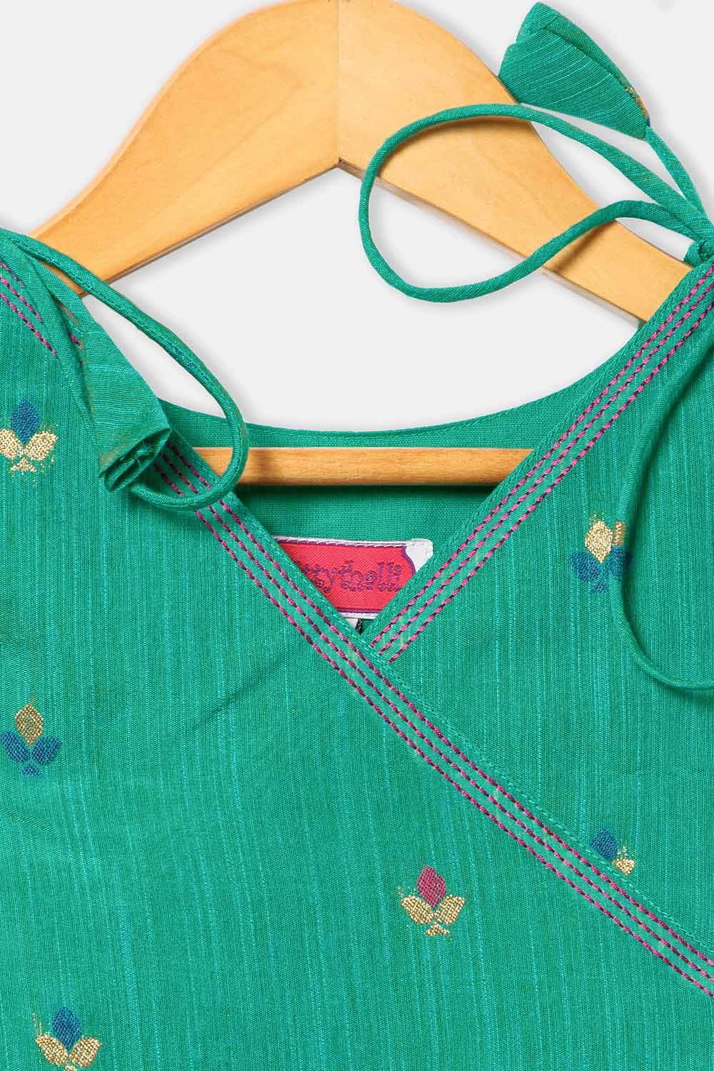 Chittythalli Girls’ Ethnic Frock – Angarkha Cut Top with Chain Stitch Embroidery & Knife Pleated Skirt - Green - FR39 - Naidu Hall Family Store