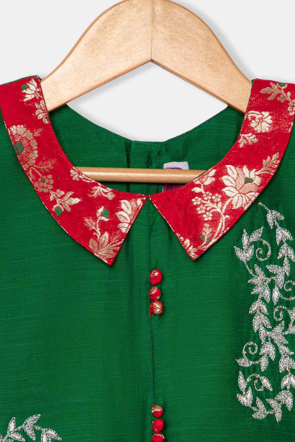 Chittythalli Girls Pavadai Set – Cotton Blouse with Brocade Collar & Zari Embroidery, Box Pleated Skirt - Green - PS80