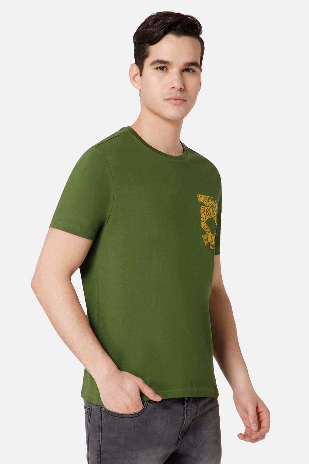 Enhance Printed Crew Neck Men's Casual T-Shirts - Olive - TS34