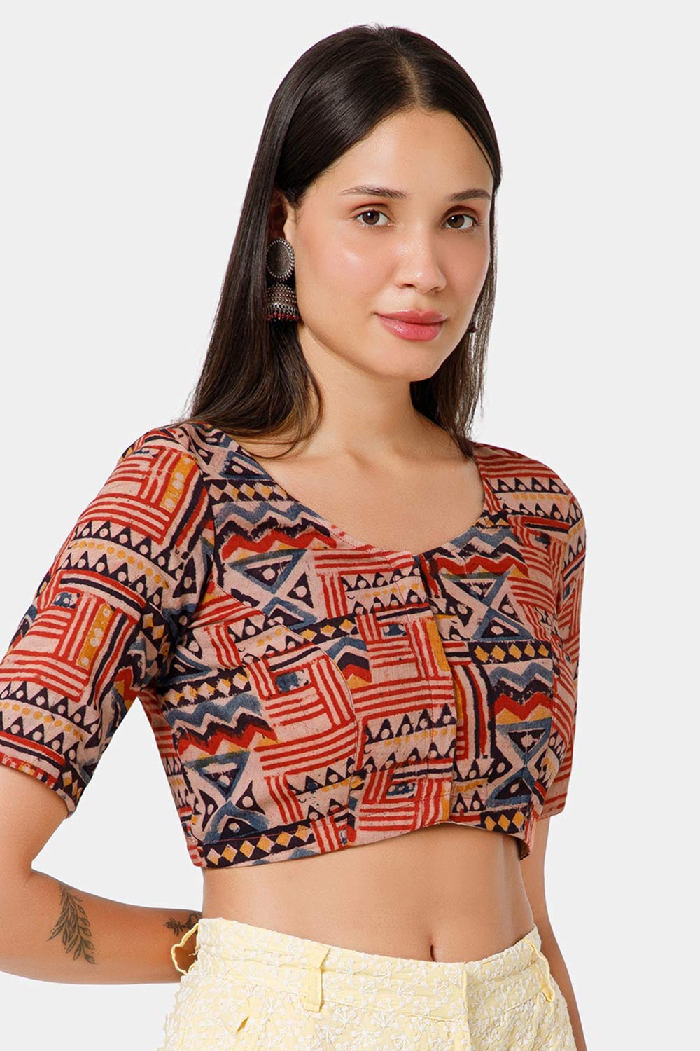 Naidu Hall Women’s Blouse Cotton Kalamkari Padded Front Open U Neck Princess Cut Elbow Sleeve Saree Blouse - Red - BU17