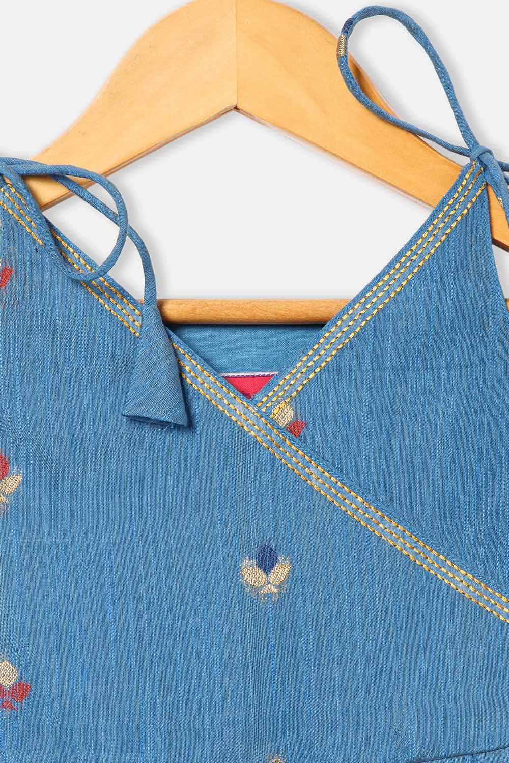 Chittythalli Girls’ Ethnic Frock – Angarkha Cut Top with Chain Stitch Embroidery & Knife Pleated Skirt - Blue - FR39 - Naidu Hall Family Store