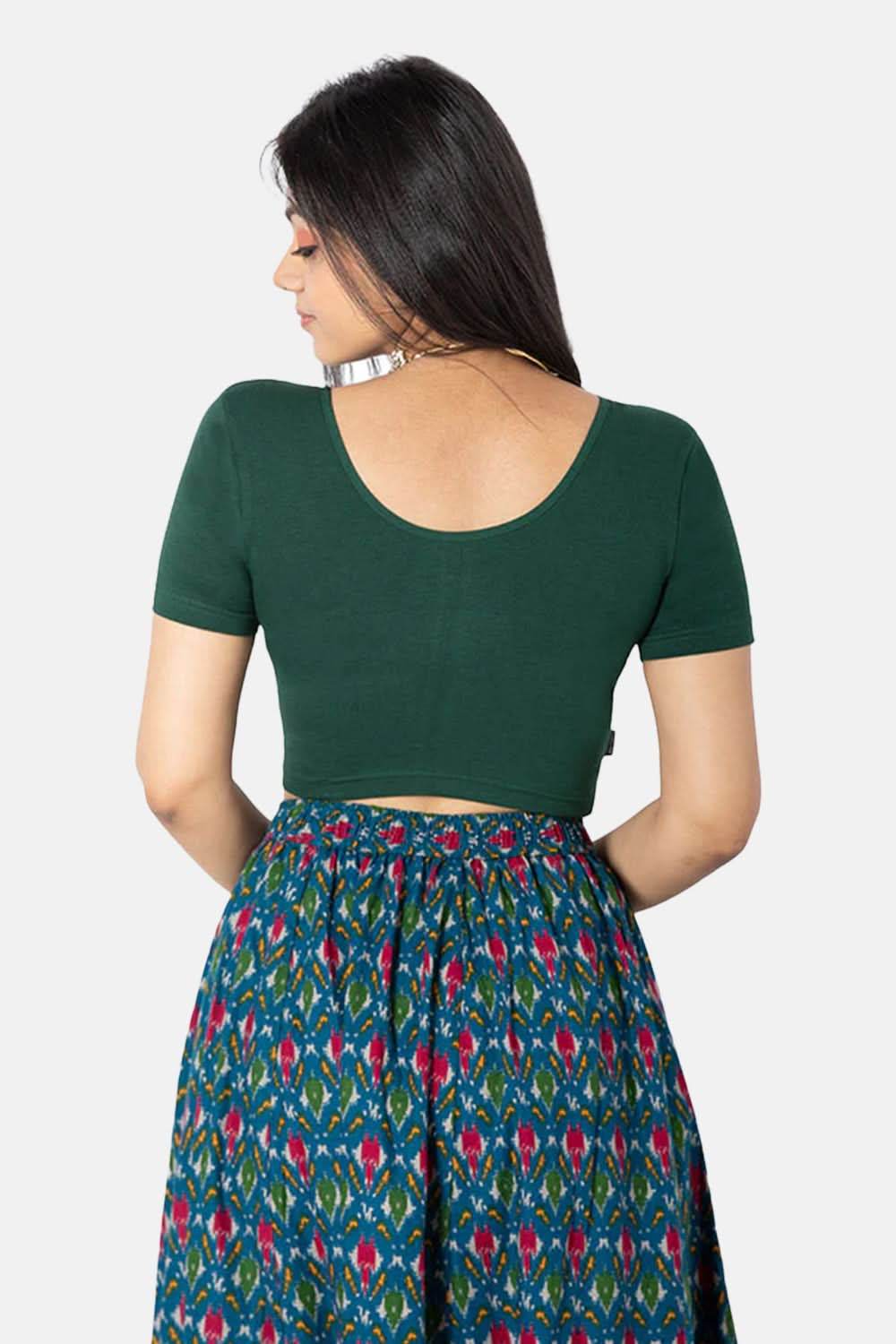 Naidu Hall Full Coverage Non-Padded Knitted Blouse with Round Neck Princess Cut Short Sleeve - Bottle Green - Naidu Hall Family Store