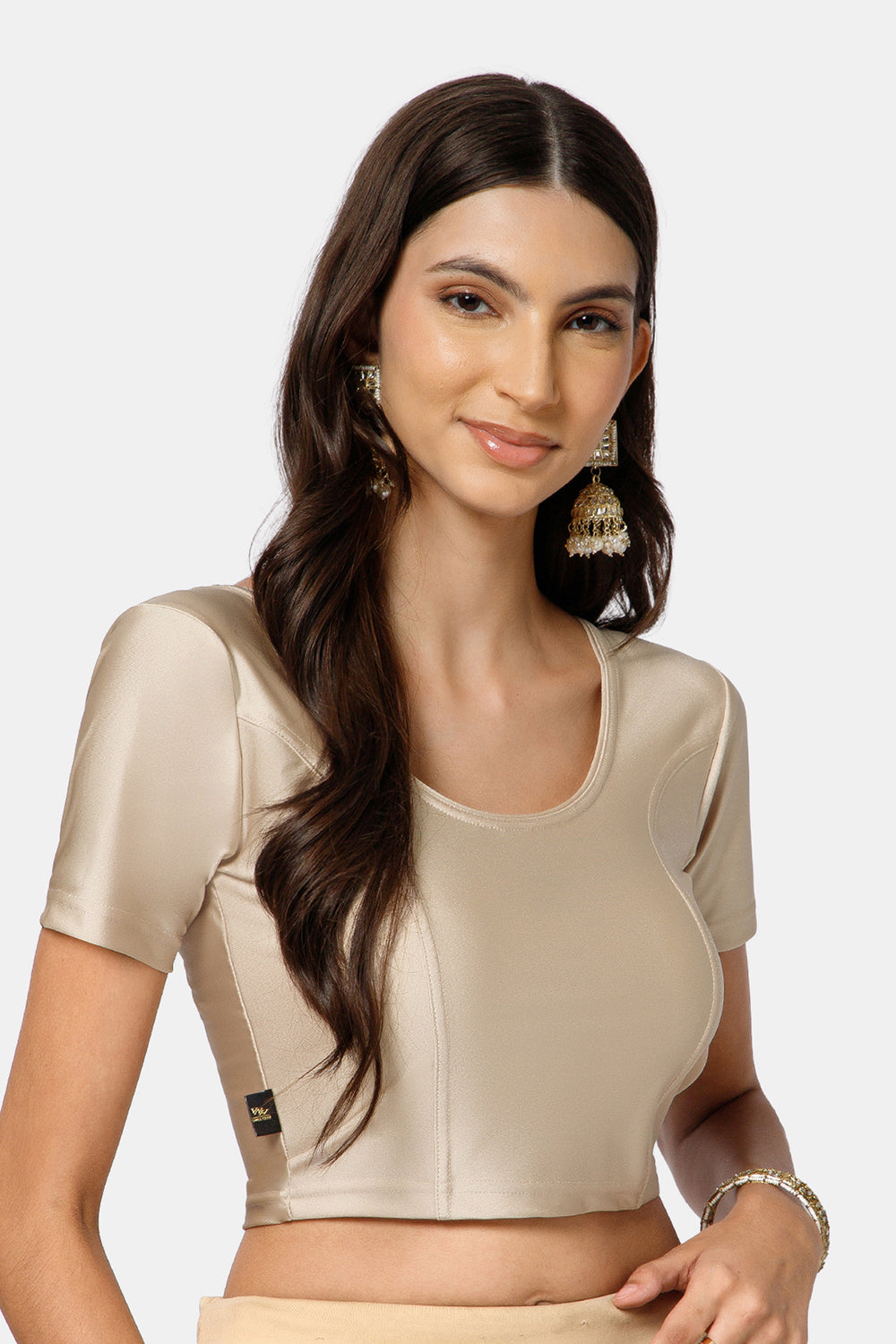 Naidu Hall Women’s Shimmer Knitted Saree Blouse | Silk Blend Round Neck Short Sleeve Ready to Wear Blouse | Regular Fit Solid Stretch Blouse for Sarees - Light Fawn Shimmer