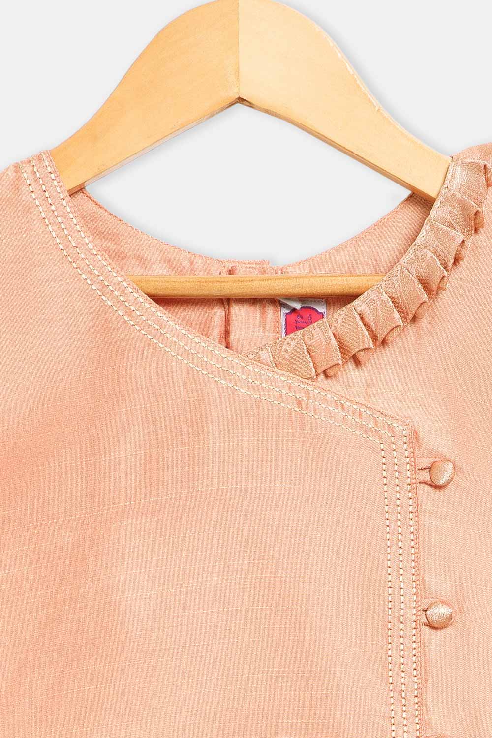 Chittythalli Girls’ Asymmetric Neck Pavadai Set – Brocade Skirt & Cotton Top - Peach - PS50