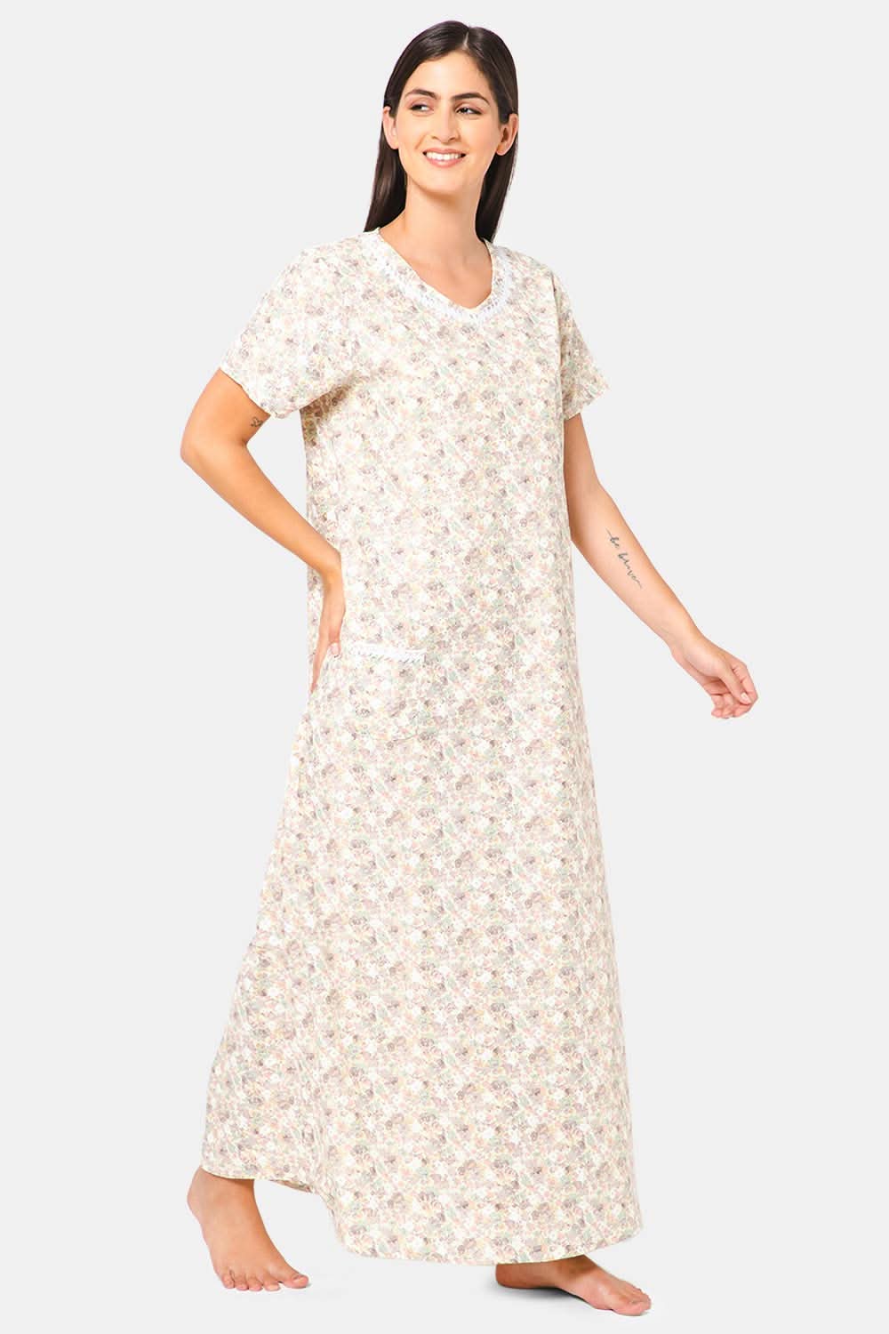 Naidu Hall V-Neck Short Sleeve Nighty with Front Patch Pocket - NT19 - Light green