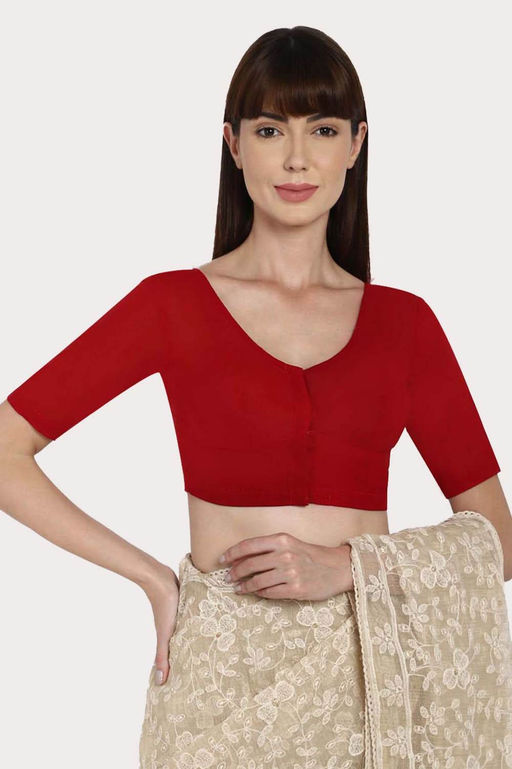 Naidu Hall Full Coverage Non-Wired Non-Padded Round Neck Long Sleeve Cotton Blouse - Dark Red - Naidu Hall Family Store