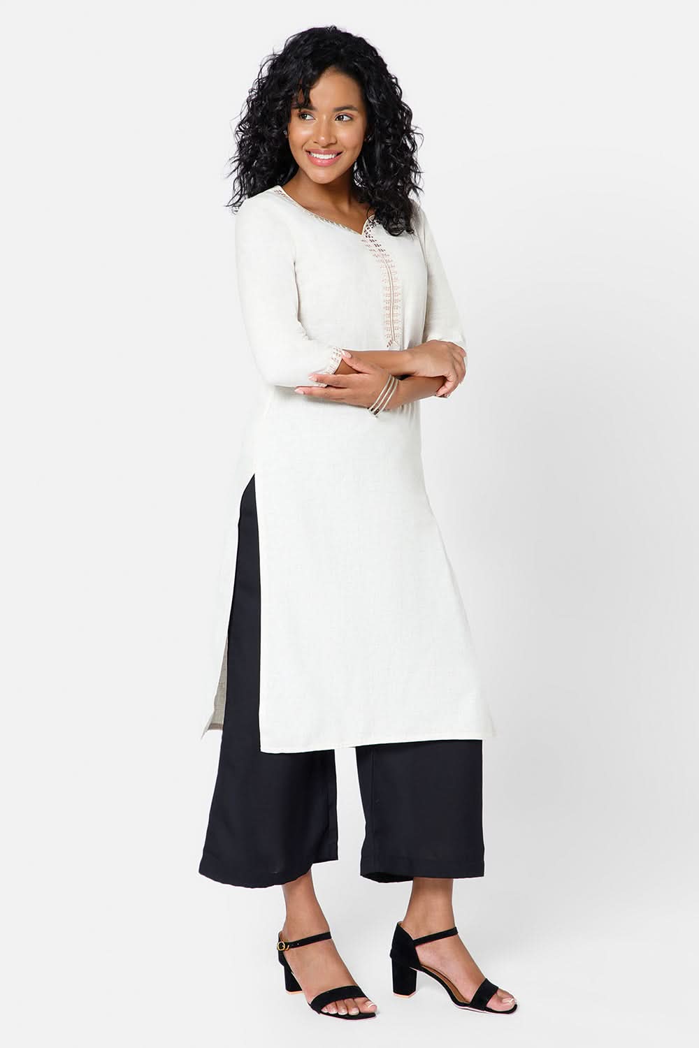 Mythri Women's Casual Kurthi with Sweetheart Neck 3/4th Sleeves - Off White - KU47