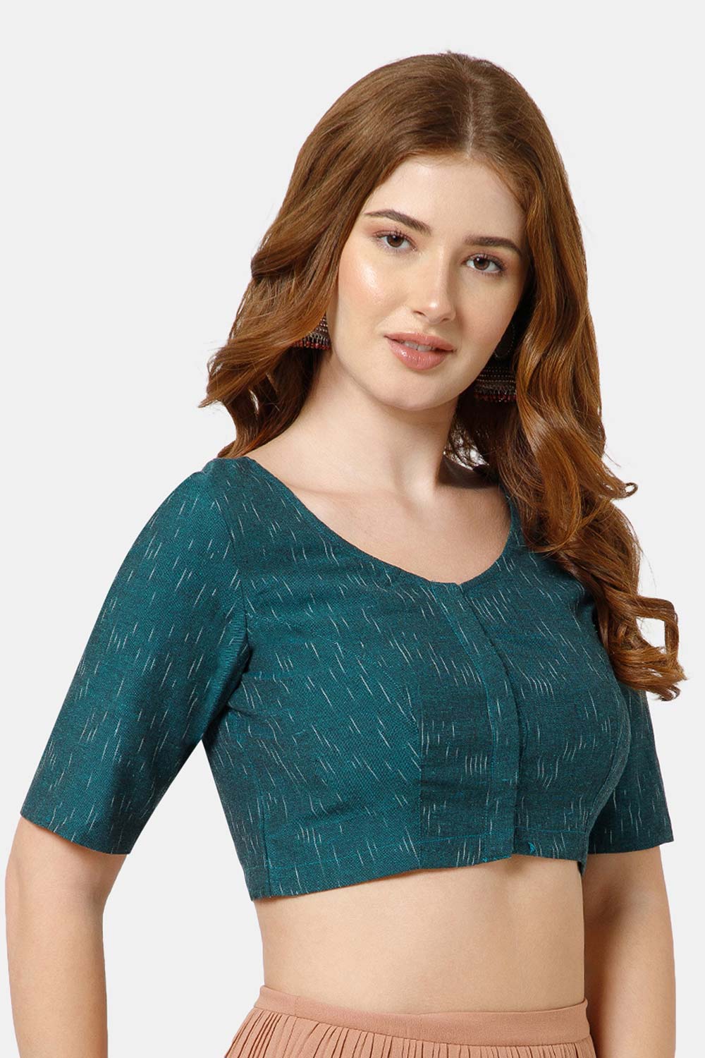 Naidu Hall Women’s Cotton Blouse | Woven U-Neck Ethnic Blouse with Elbow Sleeves & Front Closure - Teal Green-2 - BU17