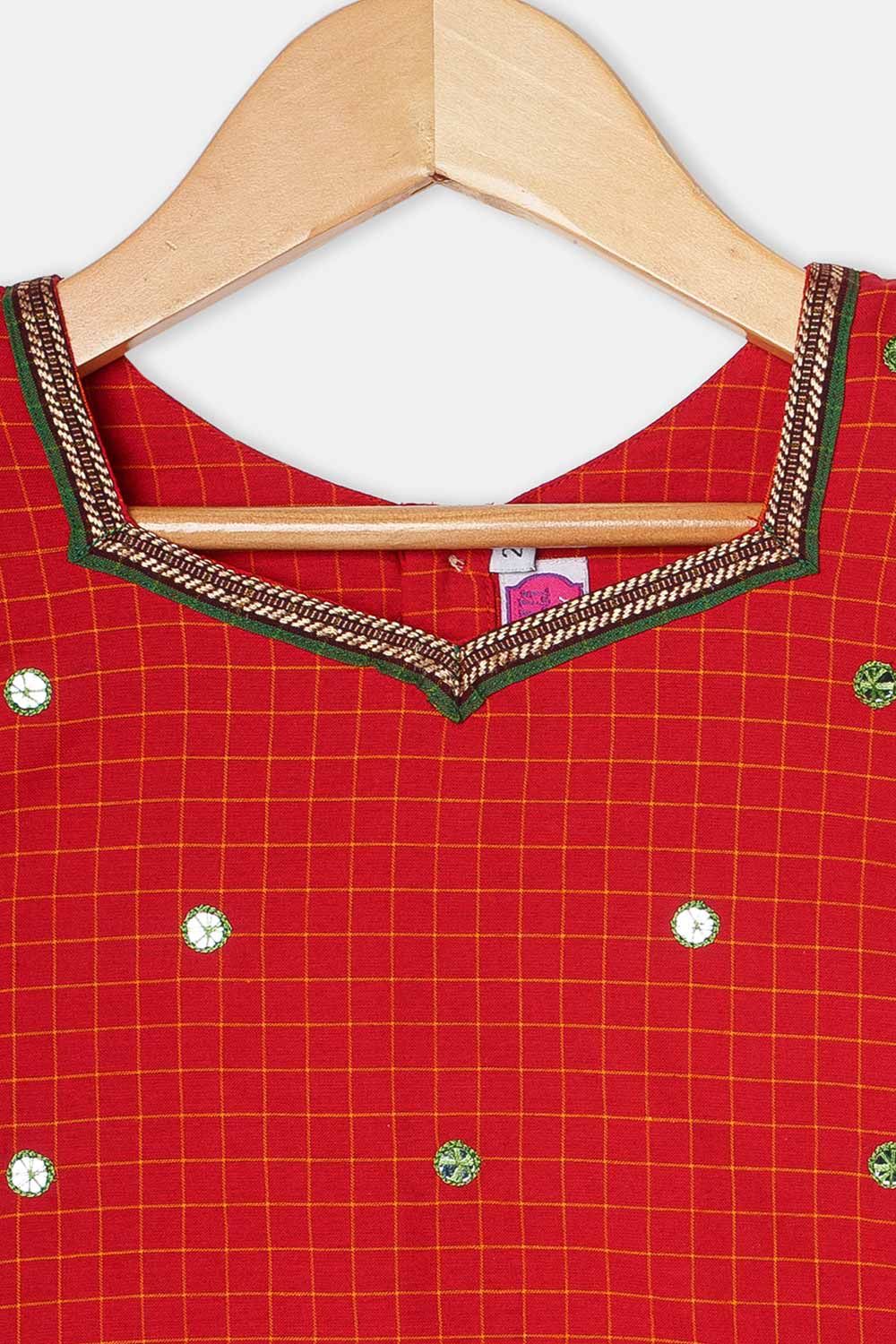 Chittythalli Girls Pavadai Set Cotton Ethnic Wear Mirror Work Puff Sleeve Top with Box Pleated Skirt- Red - PS88
