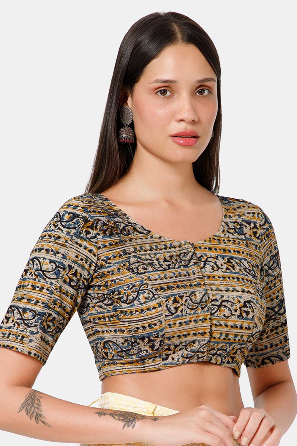 Naidu Hall Women’s Blouse Cotton Kalamkari Padded Front Open U Neck Princess Cut Elbow Sleeve Saree Blouse - Indigo - BU17