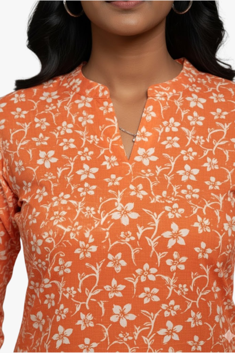 Mythri Women’s Cotton Straight Kurtha for Women – Mandarin Collar & 3/4th Sleeves Floral Print - Orange - C307
