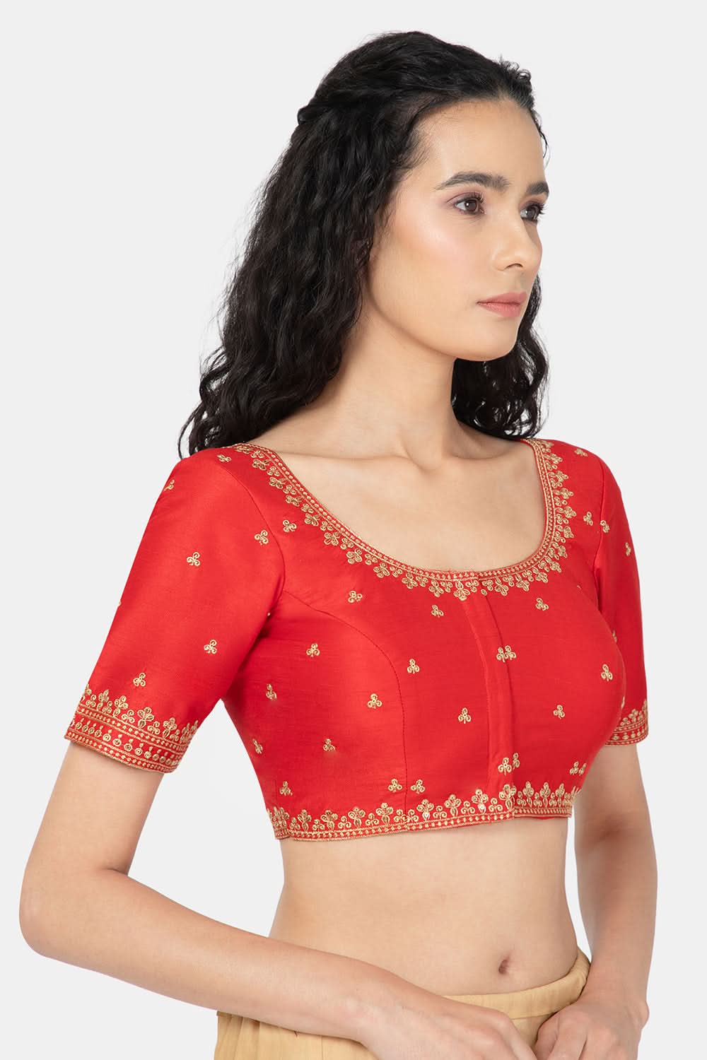 Naidu Hall Ethnic Saree Blouse with U-Neck Elbow Sleeves - Red